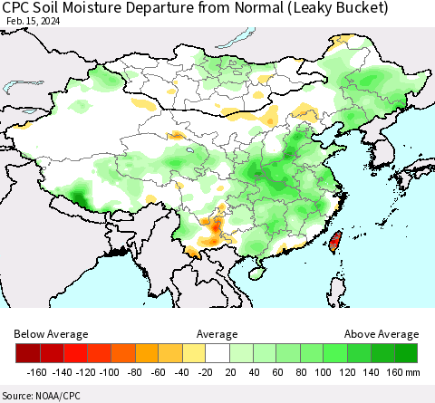China, Mongolia and Taiwan CPC Soil Moisture Departure from Normal (Leaky Bucket) Thematic Map For 2/11/2024 - 2/15/2024