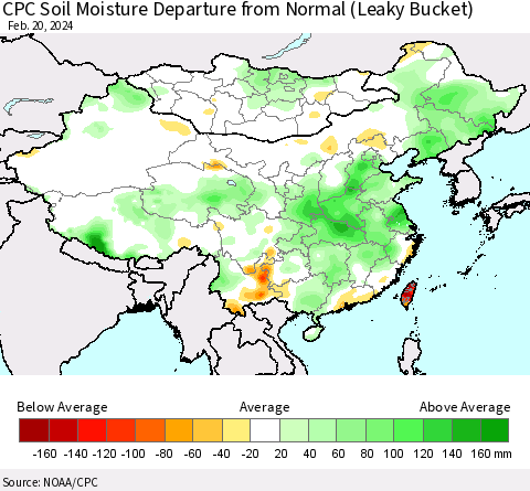 China, Mongolia and Taiwan CPC Soil Moisture Departure from Normal (Leaky Bucket) Thematic Map For 2/16/2024 - 2/20/2024