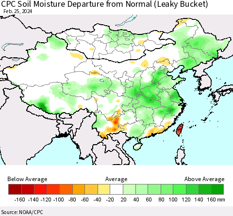 China, Mongolia and Taiwan CPC Soil Moisture Departure from Normal (Leaky Bucket) Thematic Map For 2/21/2024 - 2/25/2024
