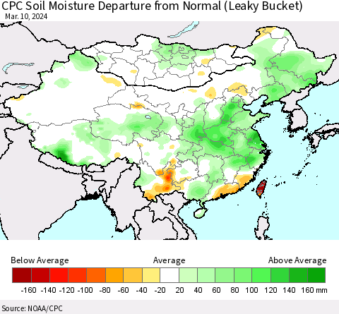 China, Mongolia and Taiwan CPC Soil Moisture Departure from Normal (Leaky Bucket) Thematic Map For 3/6/2024 - 3/10/2024