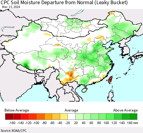 China, Mongolia and Taiwan CPC Soil Moisture Departure from Normal (Leaky Bucket) Thematic Map For 3/11/2024 - 3/15/2024