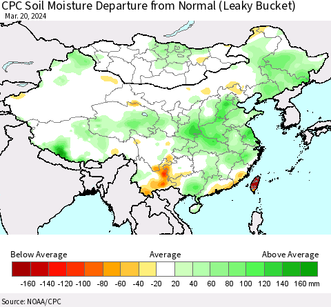 China, Mongolia and Taiwan CPC Soil Moisture Departure from Normal (Leaky Bucket) Thematic Map For 3/16/2024 - 3/20/2024