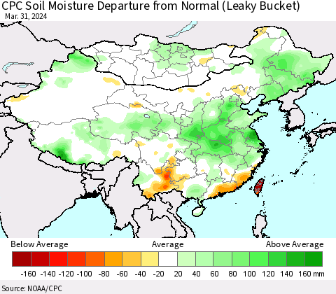 China, Mongolia and Taiwan CPC Soil Moisture Departure from Normal (Leaky Bucket) Thematic Map For 3/26/2024 - 3/31/2024