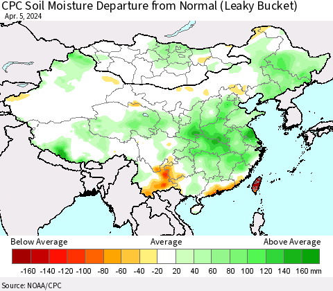 China, Mongolia and Taiwan CPC Soil Moisture Departure from Normal (Leaky Bucket) Thematic Map For 4/1/2024 - 4/5/2024