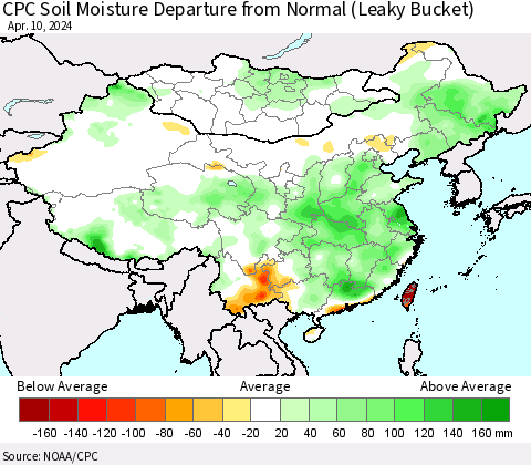 China, Mongolia and Taiwan CPC Soil Moisture Departure from Normal (Leaky Bucket) Thematic Map For 4/6/2024 - 4/10/2024