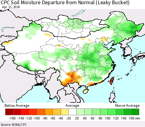 China, Mongolia and Taiwan CPC Soil Moisture Departure from Normal (Leaky Bucket) Thematic Map For 4/11/2024 - 4/15/2024