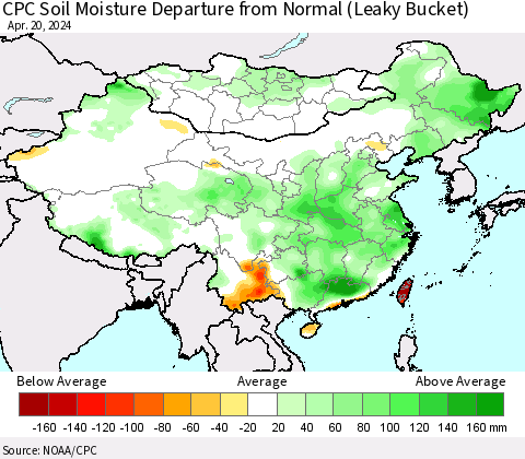 China, Mongolia and Taiwan CPC Soil Moisture Departure from Normal (Leaky Bucket) Thematic Map For 4/16/2024 - 4/20/2024