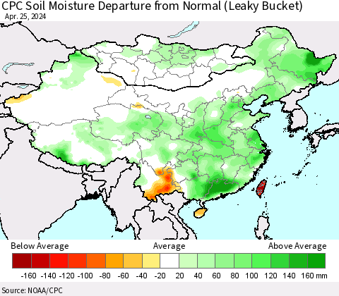 China, Mongolia and Taiwan CPC Soil Moisture Departure from Normal (Leaky Bucket) Thematic Map For 4/21/2024 - 4/25/2024