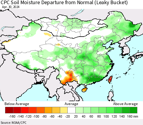 China, Mongolia and Taiwan CPC Soil Moisture Departure from Normal (Leaky Bucket) Thematic Map For 4/26/2024 - 4/30/2024