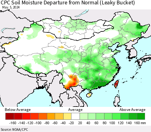 China, Mongolia and Taiwan CPC Soil Moisture Departure from Normal (Leaky Bucket) Thematic Map For 5/1/2024 - 5/5/2024