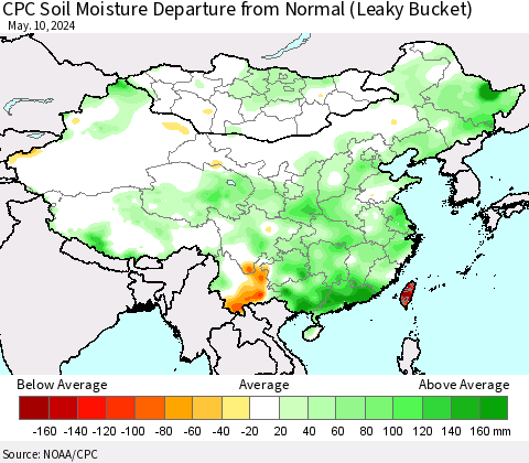 China, Mongolia and Taiwan CPC Soil Moisture Departure from Normal (Leaky Bucket) Thematic Map For 5/6/2024 - 5/10/2024