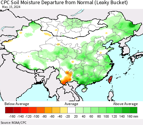 China, Mongolia and Taiwan CPC Soil Moisture Departure from Normal (Leaky Bucket) Thematic Map For 5/11/2024 - 5/15/2024