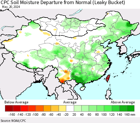 China, Mongolia and Taiwan CPC Soil Moisture Departure from Normal (Leaky Bucket) Thematic Map For 5/16/2024 - 5/20/2024
