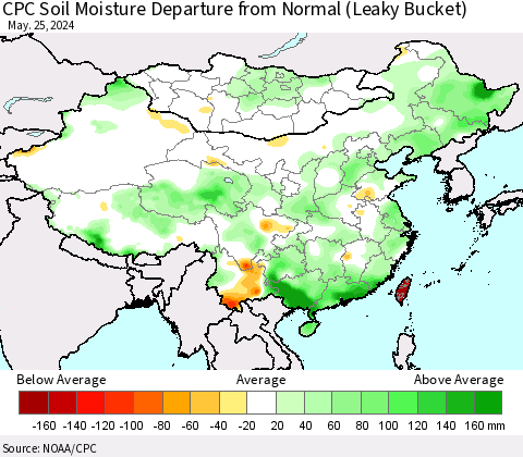 China, Mongolia and Taiwan CPC Soil Moisture Departure from Normal (Leaky Bucket) Thematic Map For 5/21/2024 - 5/25/2024