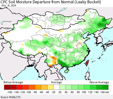 China, Mongolia and Taiwan CPC Soil Moisture Departure from Normal (Leaky Bucket) Thematic Map For 5/26/2024 - 5/31/2024