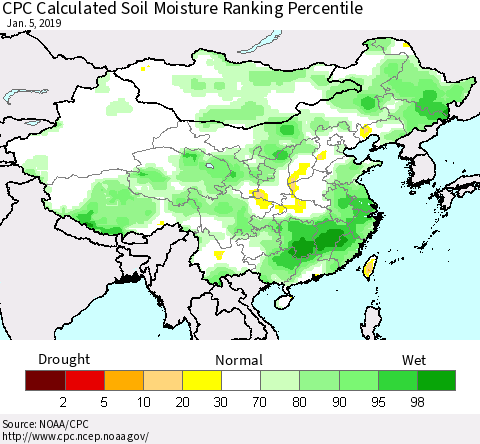 China, Mongolia and Taiwan CPC Soil Moisture Ranking Percentile (Leaky Bucket) Thematic Map For 1/1/2019 - 1/5/2019
