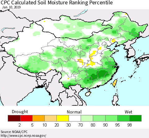 China and Taiwan CPC Calculated Soil Moisture Ranking Percentile Thematic Map For 1/6/2019 - 1/10/2019