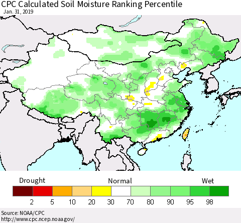 China and Taiwan CPC Calculated Soil Moisture Ranking Percentile Thematic Map For 1/26/2019 - 1/31/2019
