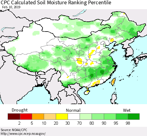 China, Mongolia and Taiwan CPC Soil Moisture Ranking Percentile (Leaky Bucket) Thematic Map For 2/6/2019 - 2/10/2019