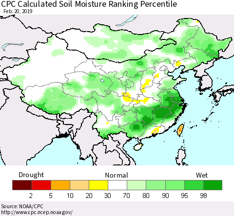 China and Taiwan CPC Calculated Soil Moisture Ranking Percentile Thematic Map For 2/16/2019 - 2/20/2019