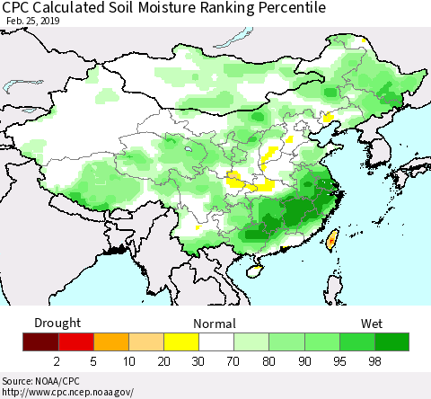 China and Taiwan CPC Calculated Soil Moisture Ranking Percentile Thematic Map For 2/21/2019 - 2/25/2019