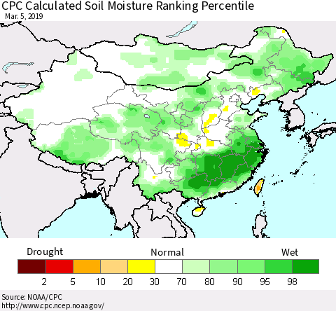 China, Mongolia and Taiwan CPC Soil Moisture Ranking Percentile (Leaky Bucket) Thematic Map For 3/1/2019 - 3/5/2019