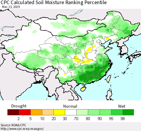 China, Mongolia and Taiwan CPC Soil Moisture Ranking Percentile (Leaky Bucket) Thematic Map For 3/11/2019 - 3/15/2019