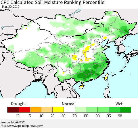 China, Mongolia and Taiwan CPC Soil Moisture Ranking Percentile (Leaky Bucket) Thematic Map For 3/16/2019 - 3/20/2019