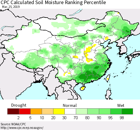 China and Taiwan CPC Calculated Soil Moisture Ranking Percentile Thematic Map For 3/21/2019 - 3/25/2019