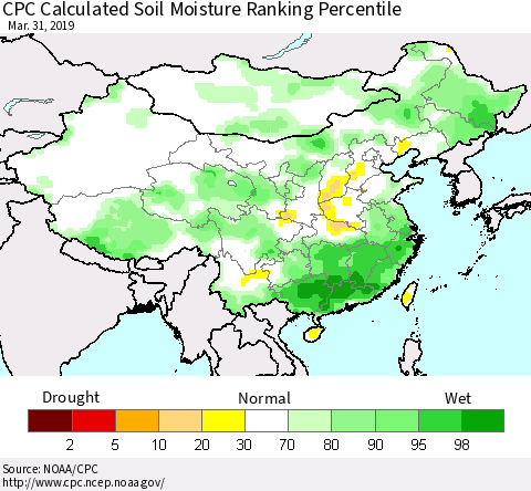 China and Taiwan CPC Calculated Soil Moisture Ranking Percentile Thematic Map For 3/26/2019 - 3/31/2019