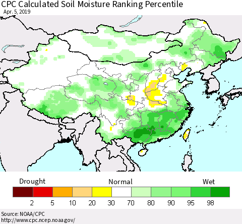 China and Taiwan CPC Calculated Soil Moisture Ranking Percentile Thematic Map For 4/1/2019 - 4/5/2019