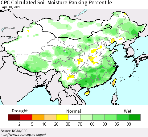 China and Taiwan CPC Calculated Soil Moisture Ranking Percentile Thematic Map For 4/6/2019 - 4/10/2019