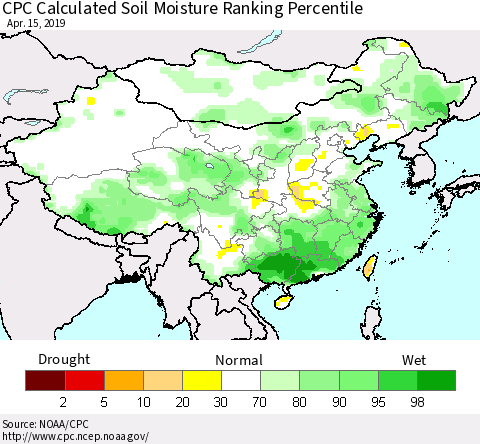 China and Taiwan CPC Calculated Soil Moisture Ranking Percentile Thematic Map For 4/11/2019 - 4/15/2019