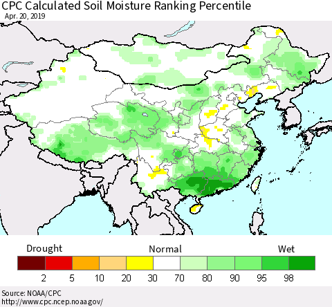China and Taiwan CPC Calculated Soil Moisture Ranking Percentile Thematic Map For 4/16/2019 - 4/20/2019