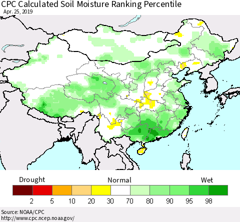 China and Taiwan CPC Calculated Soil Moisture Ranking Percentile Thematic Map For 4/21/2019 - 4/25/2019