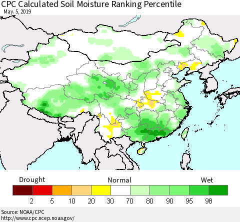China and Taiwan CPC Calculated Soil Moisture Ranking Percentile Thematic Map For 5/1/2019 - 5/5/2019