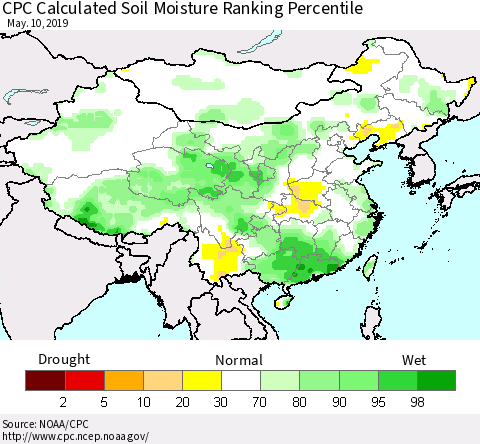 China, Mongolia and Taiwan CPC Soil Moisture Ranking Percentile (Leaky Bucket) Thematic Map For 5/6/2019 - 5/10/2019