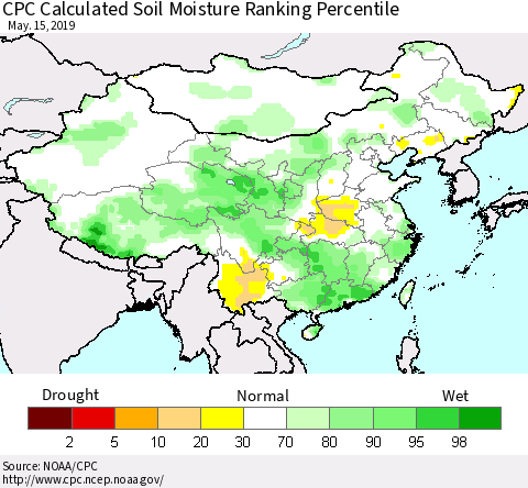 China and Taiwan CPC Calculated Soil Moisture Ranking Percentile Thematic Map For 5/11/2019 - 5/15/2019