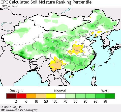 China and Taiwan CPC Calculated Soil Moisture Ranking Percentile Thematic Map For 5/16/2019 - 5/20/2019