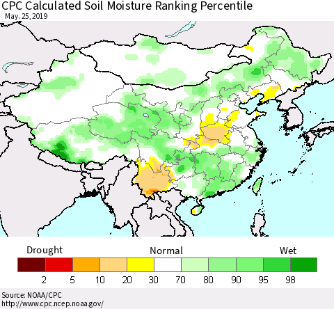 China and Taiwan CPC Calculated Soil Moisture Ranking Percentile Thematic Map For 5/21/2019 - 5/25/2019