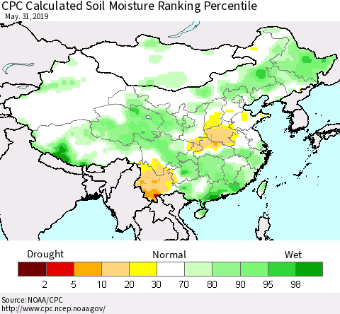 China and Taiwan CPC Calculated Soil Moisture Ranking Percentile Thematic Map For 5/26/2019 - 5/31/2019