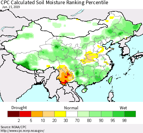 China and Taiwan CPC Calculated Soil Moisture Ranking Percentile Thematic Map For 6/11/2019 - 6/15/2019
