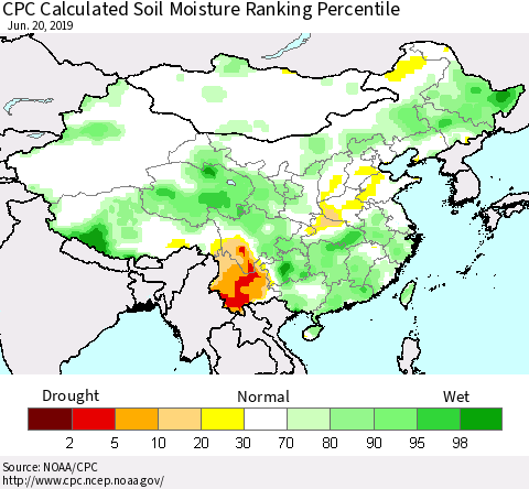 China and Taiwan CPC Calculated Soil Moisture Ranking Percentile Thematic Map For 6/16/2019 - 6/20/2019