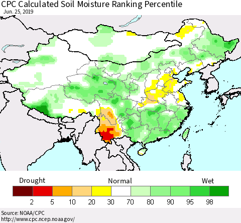 China, Mongolia and Taiwan CPC Soil Moisture Ranking Percentile (Leaky Bucket) Thematic Map For 6/21/2019 - 6/25/2019