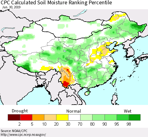 China and Taiwan CPC Calculated Soil Moisture Ranking Percentile Thematic Map For 6/26/2019 - 6/30/2019