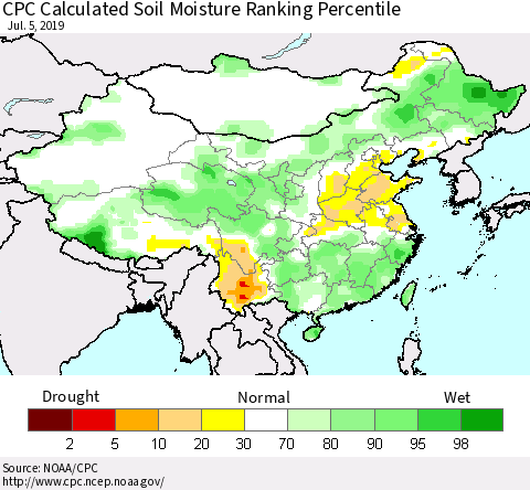 China, Mongolia and Taiwan CPC Soil Moisture Ranking Percentile (Leaky Bucket) Thematic Map For 7/1/2019 - 7/5/2019