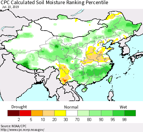 China, Mongolia and Taiwan CPC Soil Moisture Ranking Percentile (Leaky Bucket) Thematic Map For 7/6/2019 - 7/10/2019