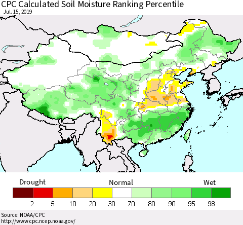 China, Mongolia and Taiwan CPC Soil Moisture Ranking Percentile (Leaky Bucket) Thematic Map For 7/11/2019 - 7/15/2019