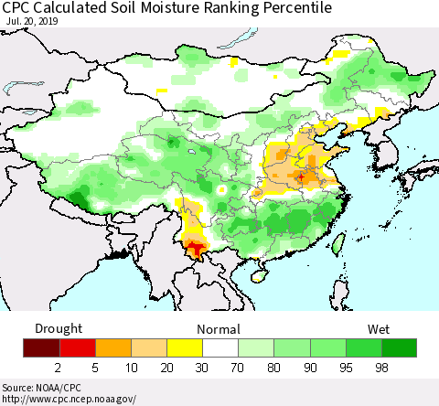 China, Mongolia and Taiwan CPC Soil Moisture Ranking Percentile (Leaky Bucket) Thematic Map For 7/16/2019 - 7/20/2019