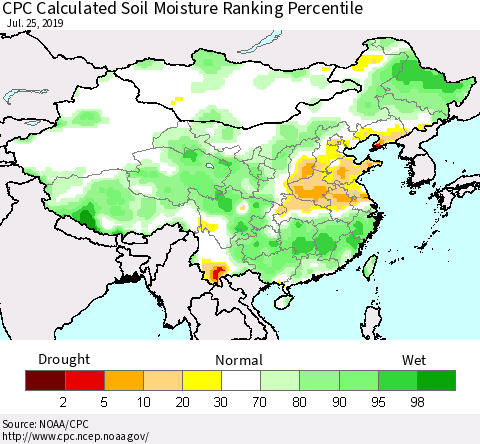 China, Mongolia and Taiwan CPC Soil Moisture Ranking Percentile (Leaky Bucket) Thematic Map For 7/21/2019 - 7/25/2019